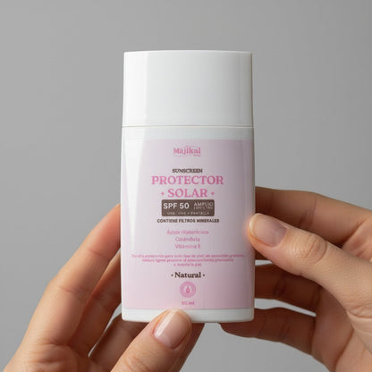 MaquiMarket Protector Solar Mineral SPF 50 con ácido hialurónico, caléndula y vitamina E. Fórmula ligera e hidratante.