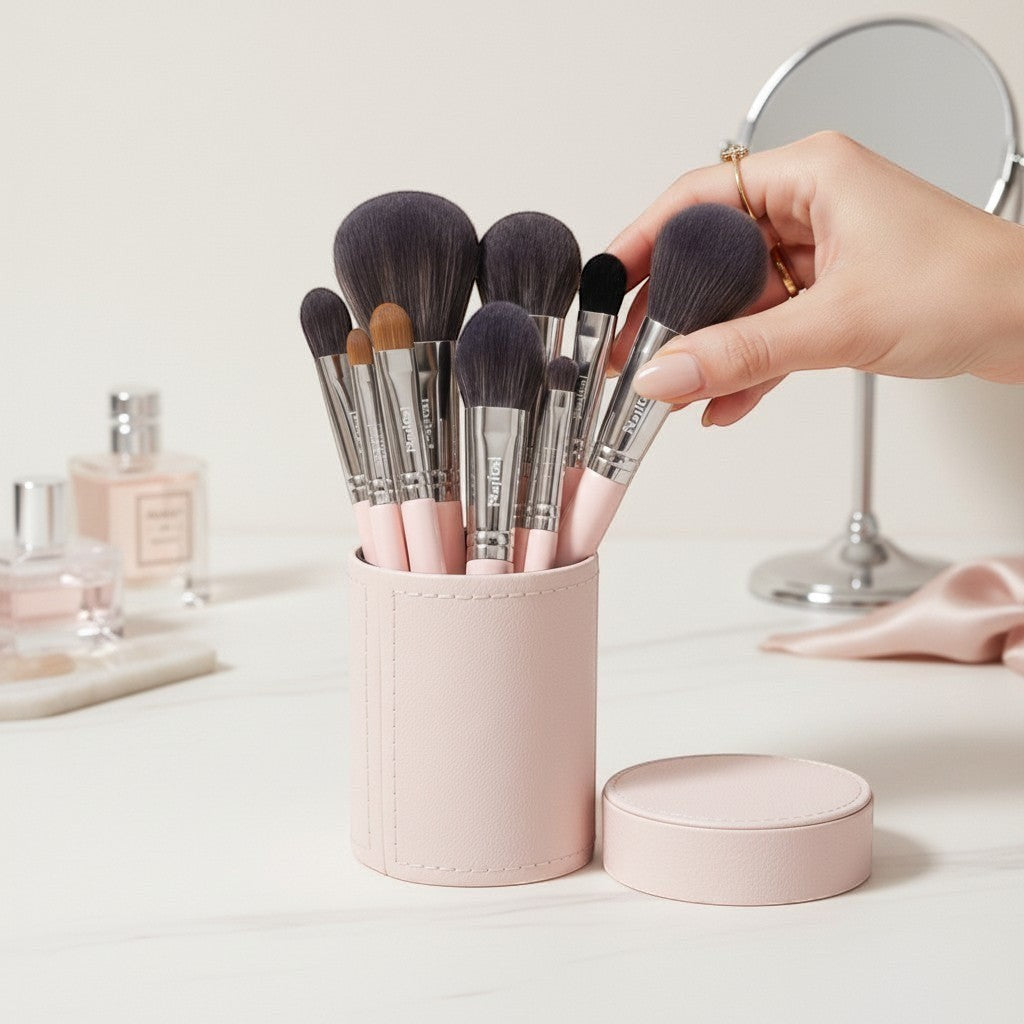 MaquiMarket Set de Brochas de Maquillaje Profesional en rosa pálido con cerdas suaves y mangos ergonómicos.